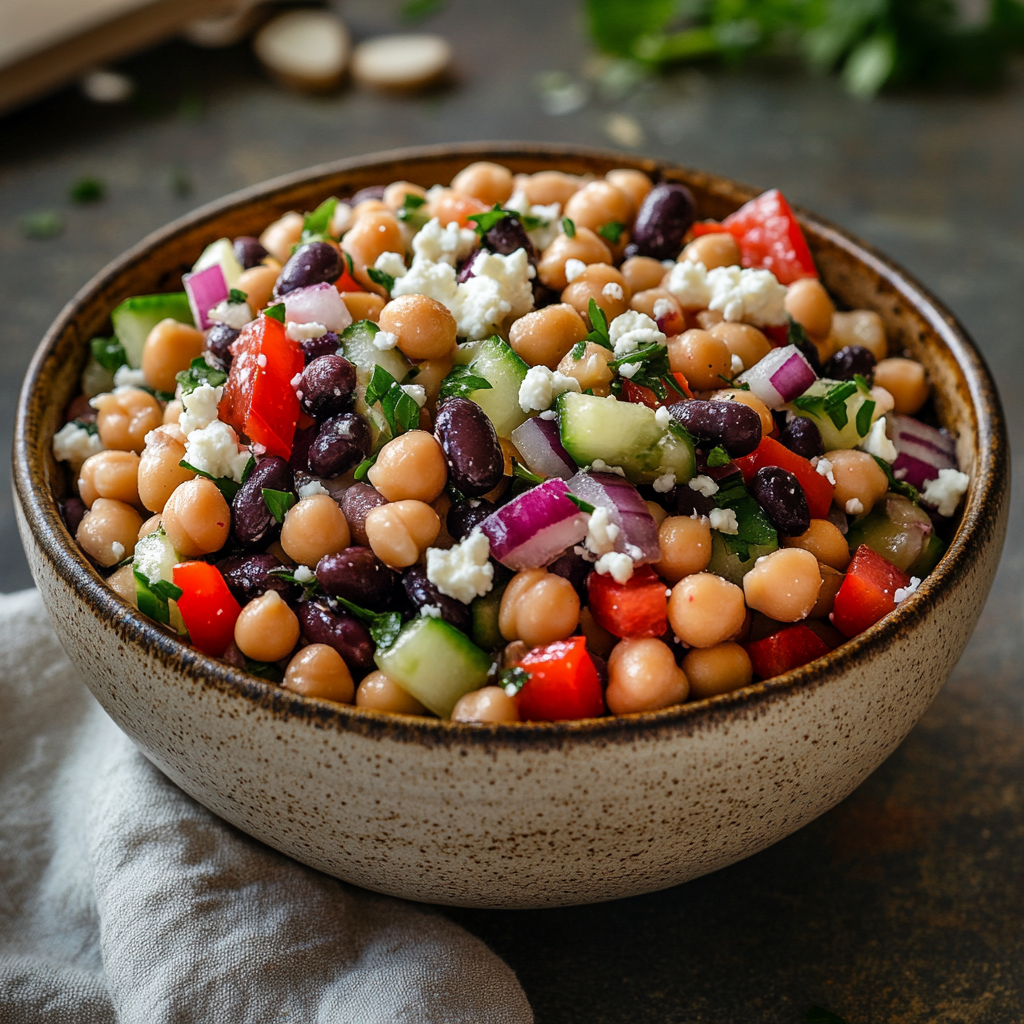 dense bean salad with colorful vegetables in ceramic bowl