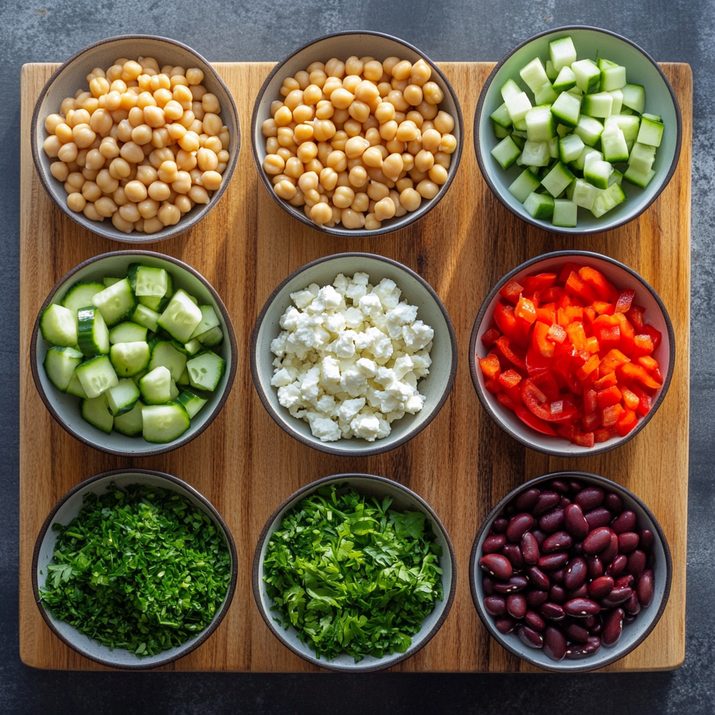 dense bean salad ingredients on kitchen board