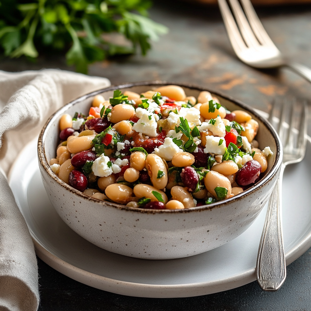 dense bean salad served in ceramic bowl