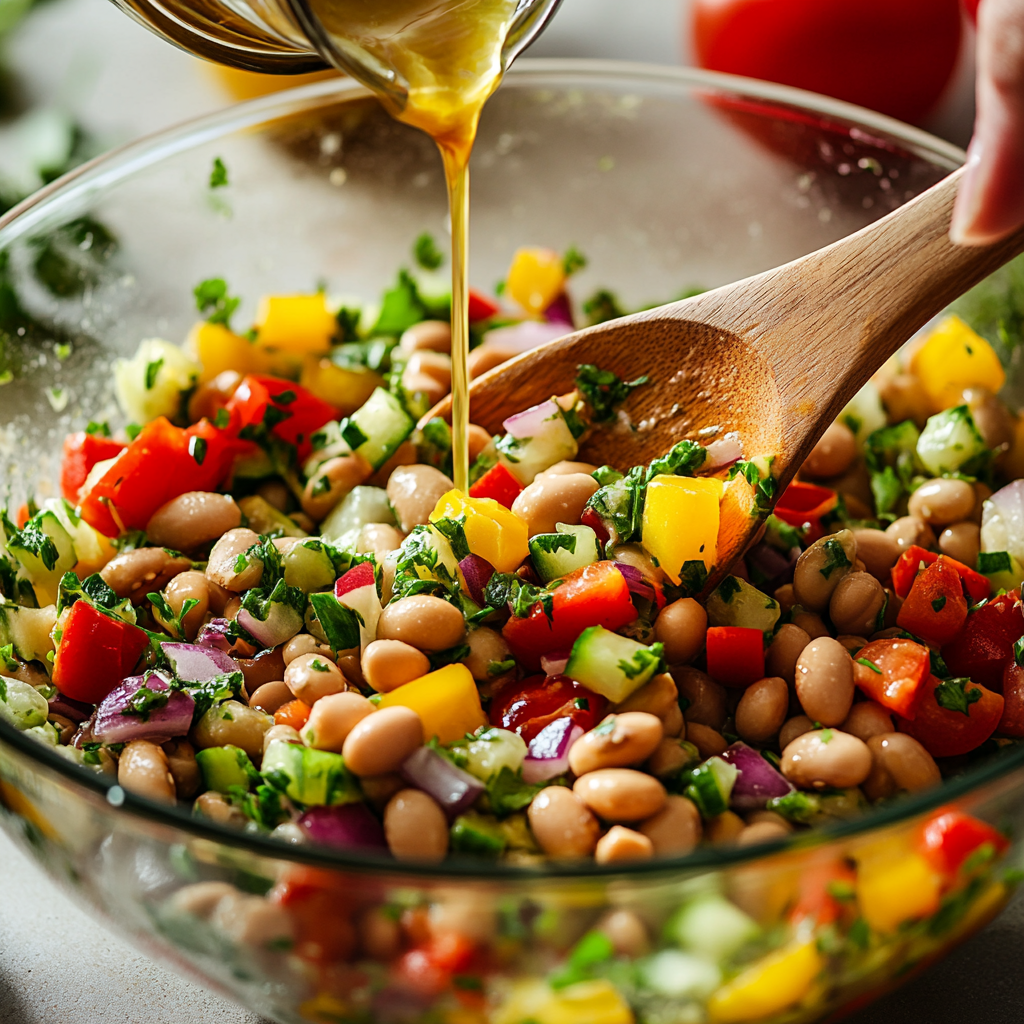 mixing dense bean salad with vegetables and herbs