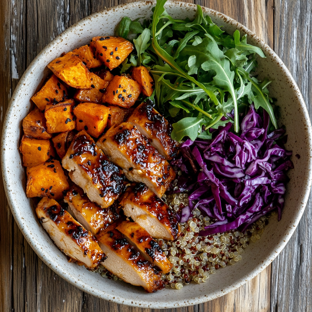 Hot Honey Chicken Bowl with quinoa and roasted vegetables