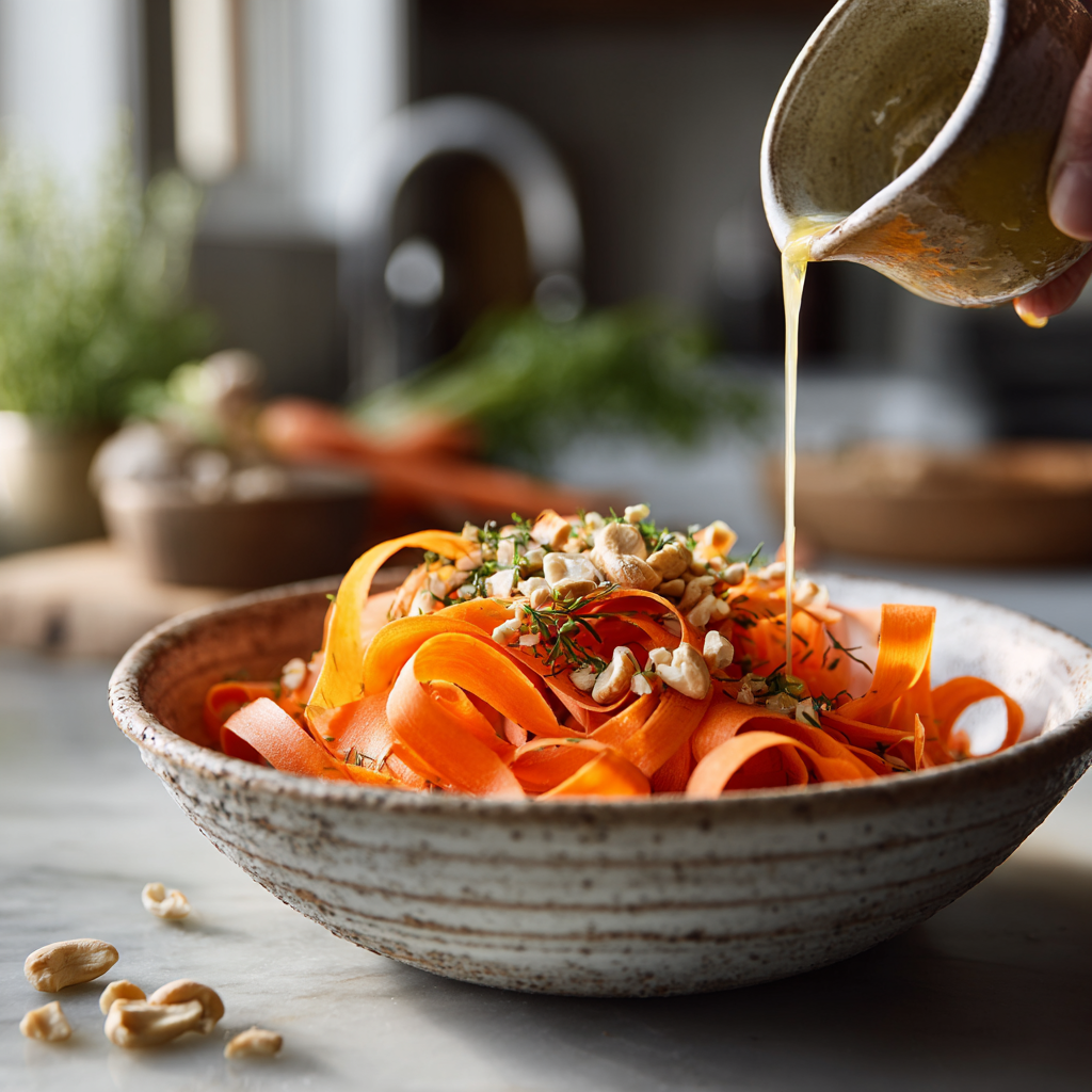 Dressing poured over carrot salad in white bowl