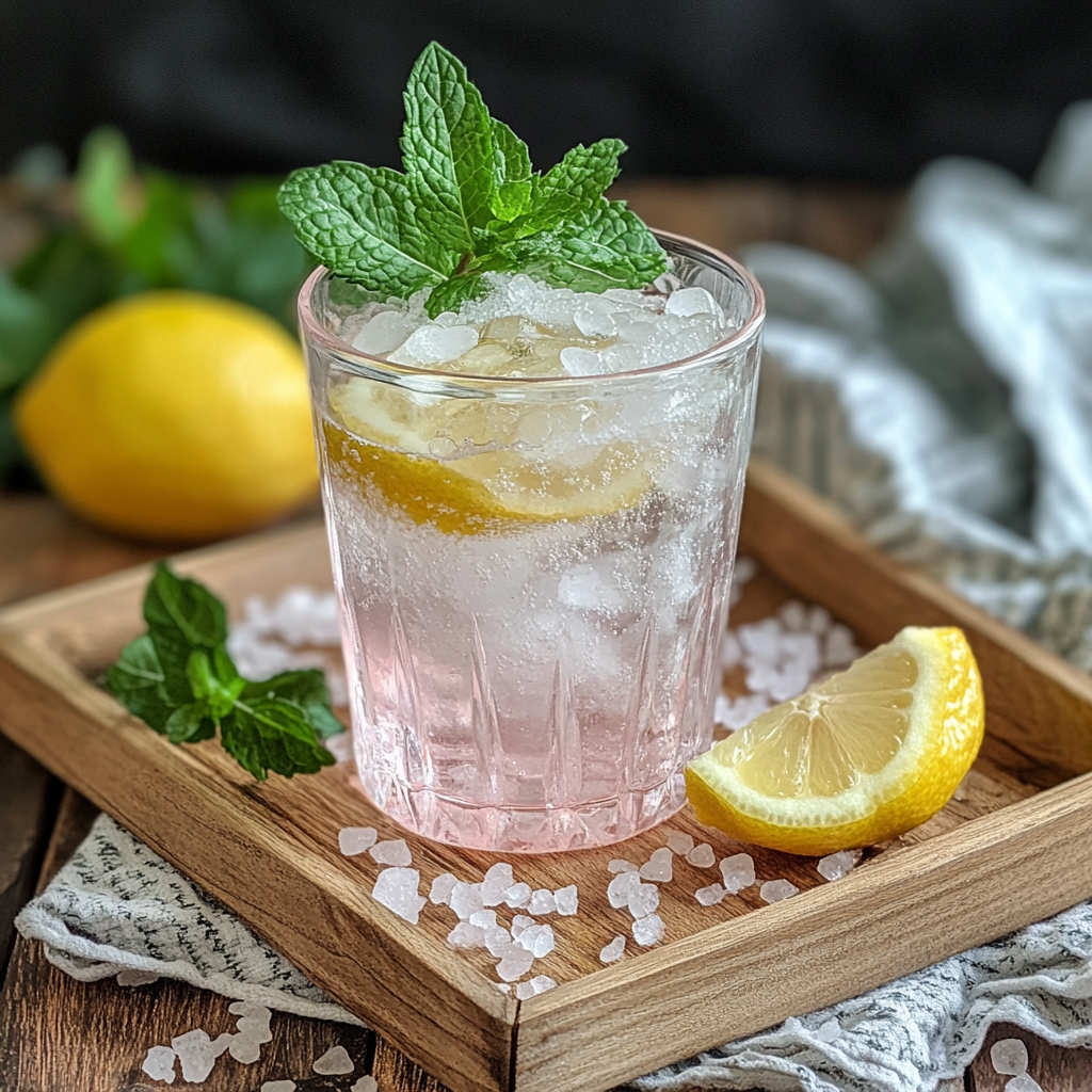 Glass of lemon water with pink Himalayan salt on rustic wooden table for pink salt weight loss recipe