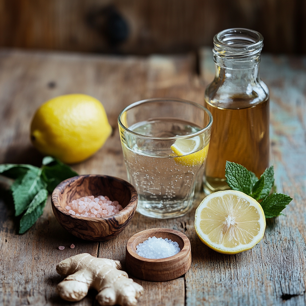 Ingredients for pink salt weight loss recipe including lemon, pink salt, honey, ginger, mint, coconut water, and apple cider vinegar on wooden table