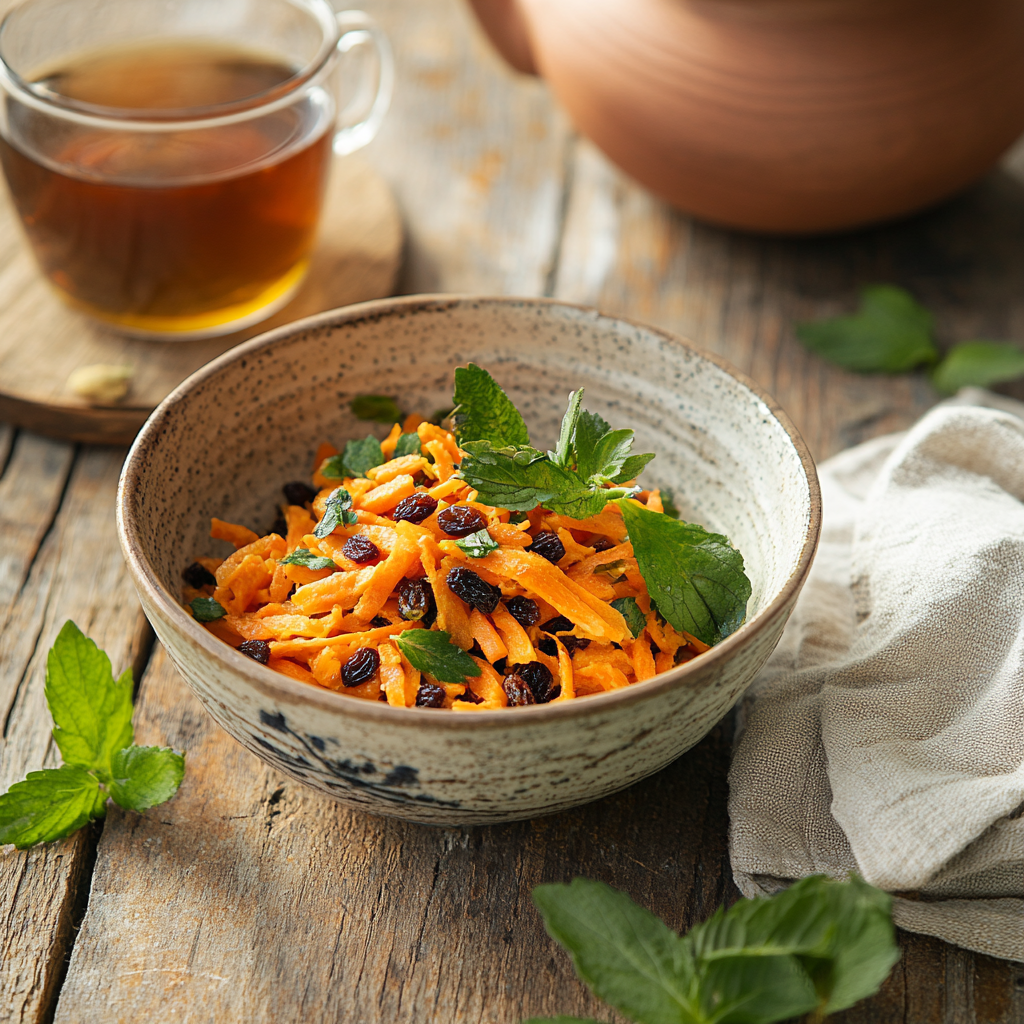 Served carrot raisin salad with herbal tea