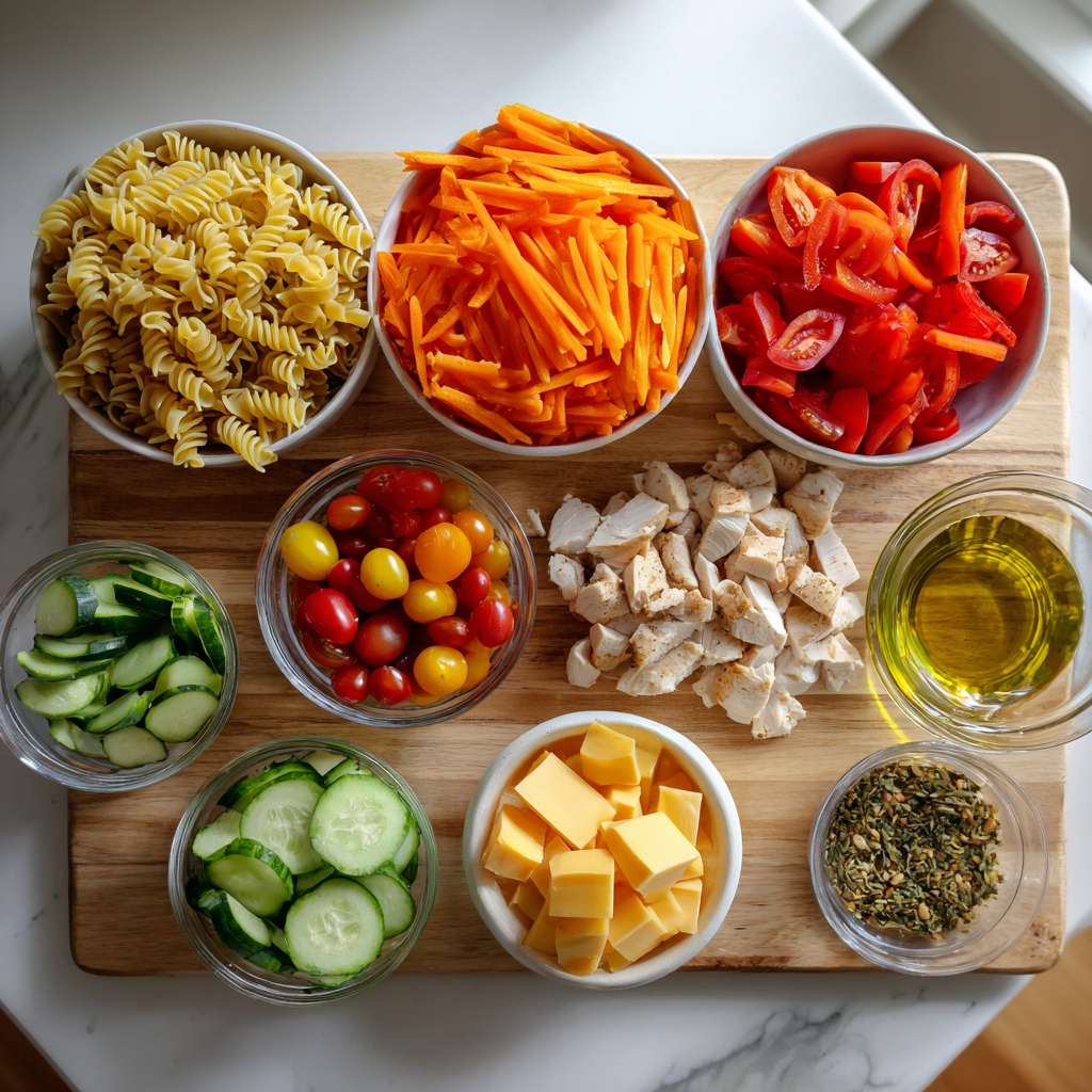 Ingredients for high protein caprese pasta salad on wood board