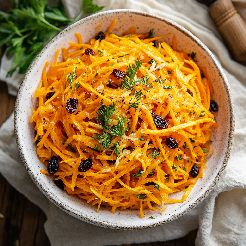 Carrot raisin salad in a rustic bowl with natural lighting