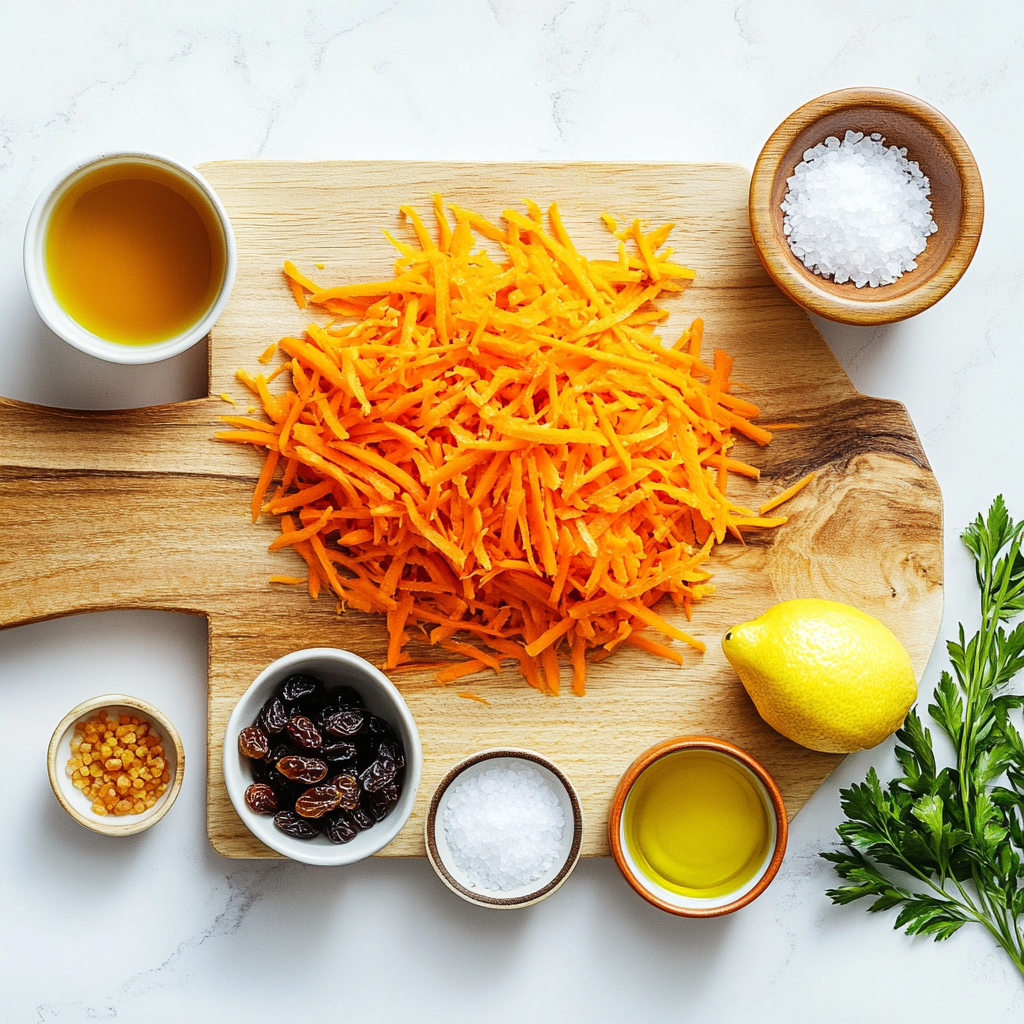 Ingredients for carrot raisin salad on a wooden board