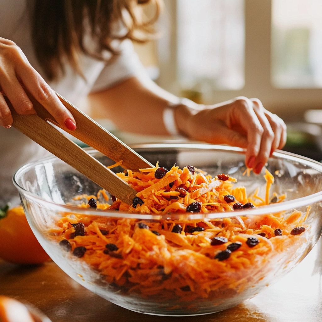 Preparing carrot raisin salad in a glass bowl