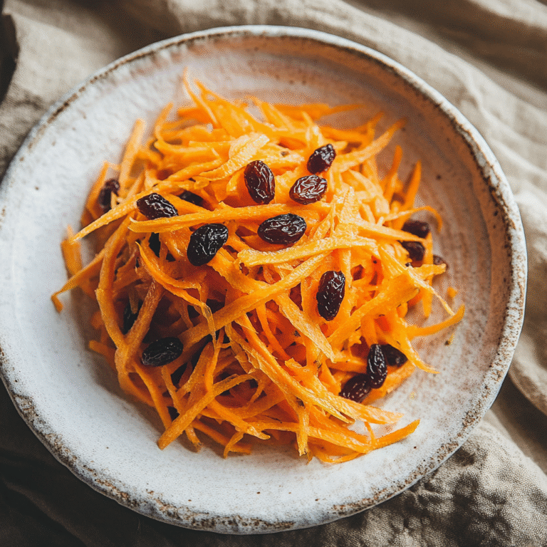 Carrot raisin salad in a rustic bowl with natural lighting