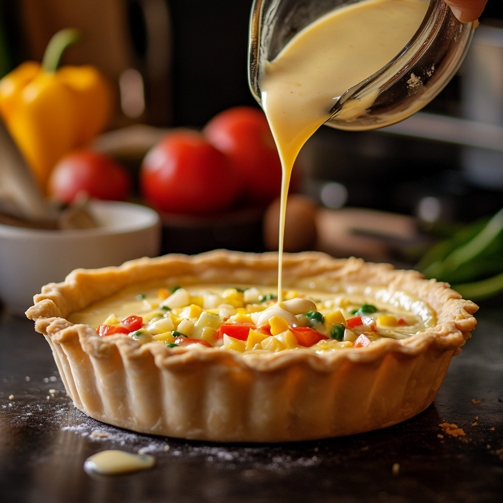 filling gluten free quiche with veggies and egg.