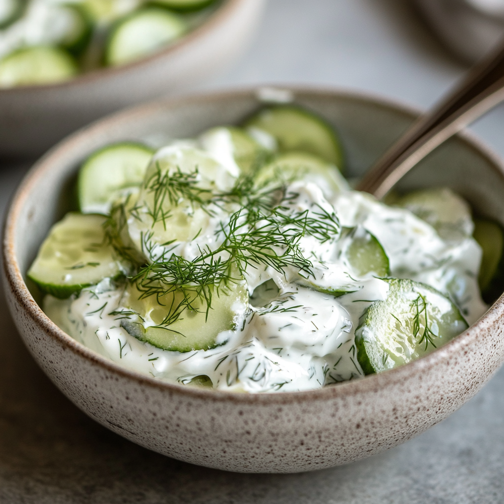 A bowl of served Greek yogurt cucumber salad