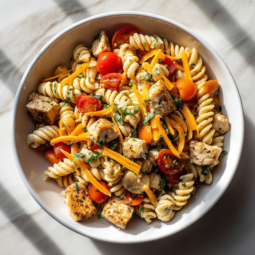 High Protein Caprese Pasta Salad in white bowl