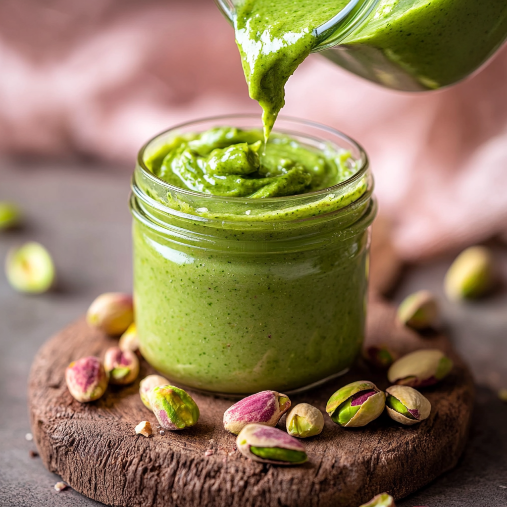 Homemade pistachio butter in a glass jar with spoon