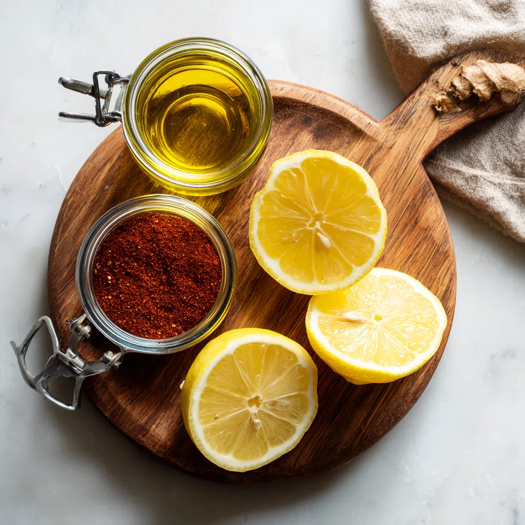 Ingredients for olive oil cayenne pepper and lemon juice drink