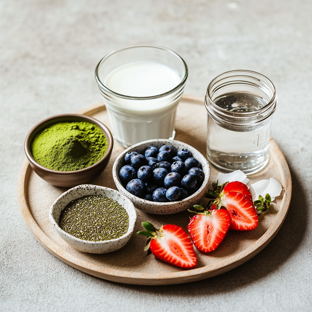 Ingredients for matcha chia pudding on wooden plate with fruit and coconut