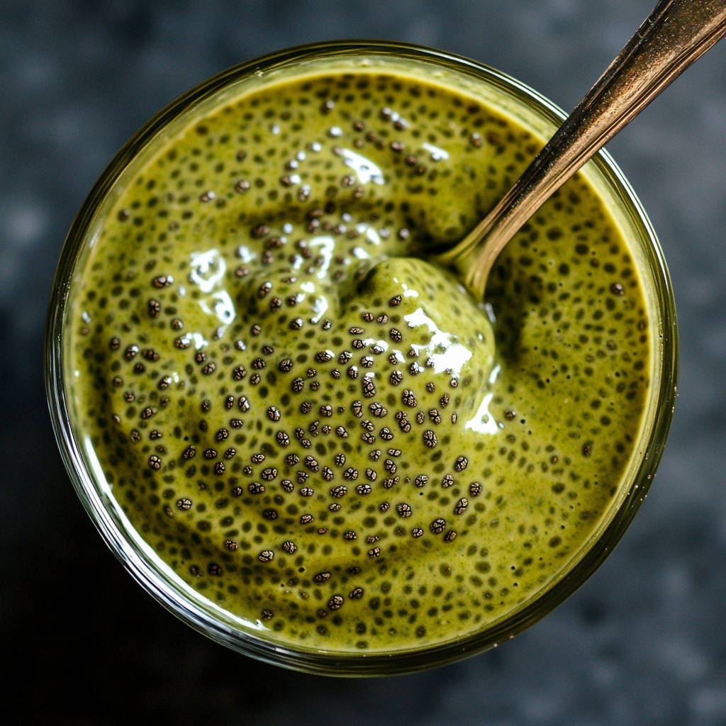 Thickened chia pudding after resting, spoon stirring the mix