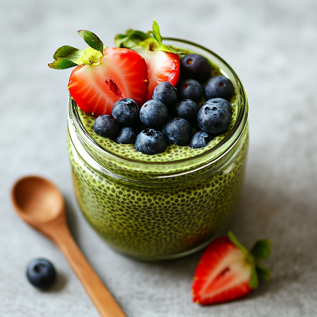 Glass jar of green matcha chia pudding with berries on top