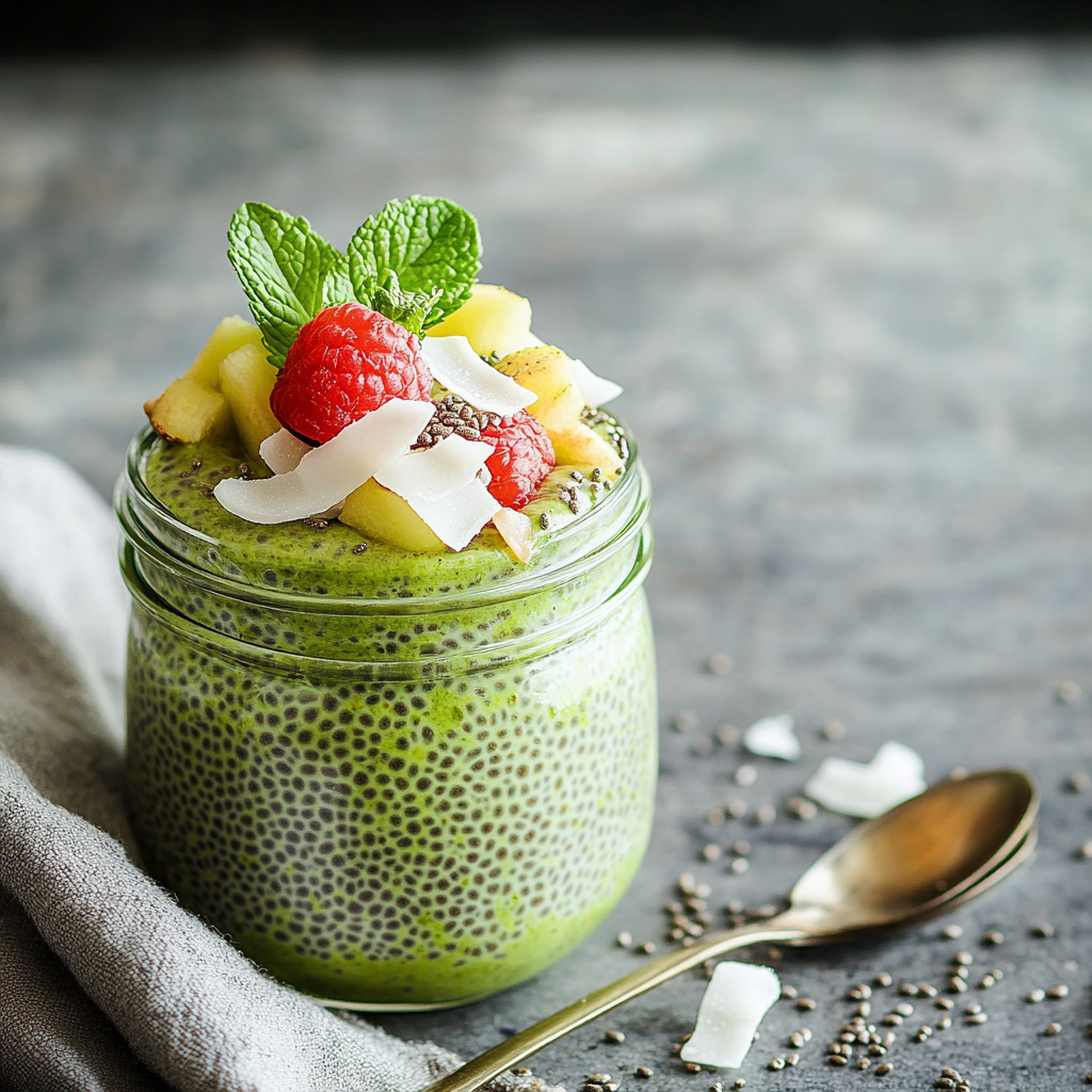 matcha chia pudding in jar with strawberries and blueberries