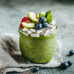 Finished matcha chia pudding in jar with strawberries and blueberries