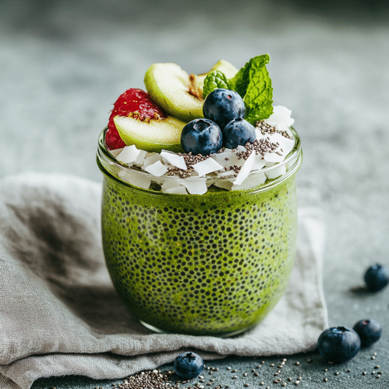 Finished matcha chia pudding in jar with strawberries and blueberries
