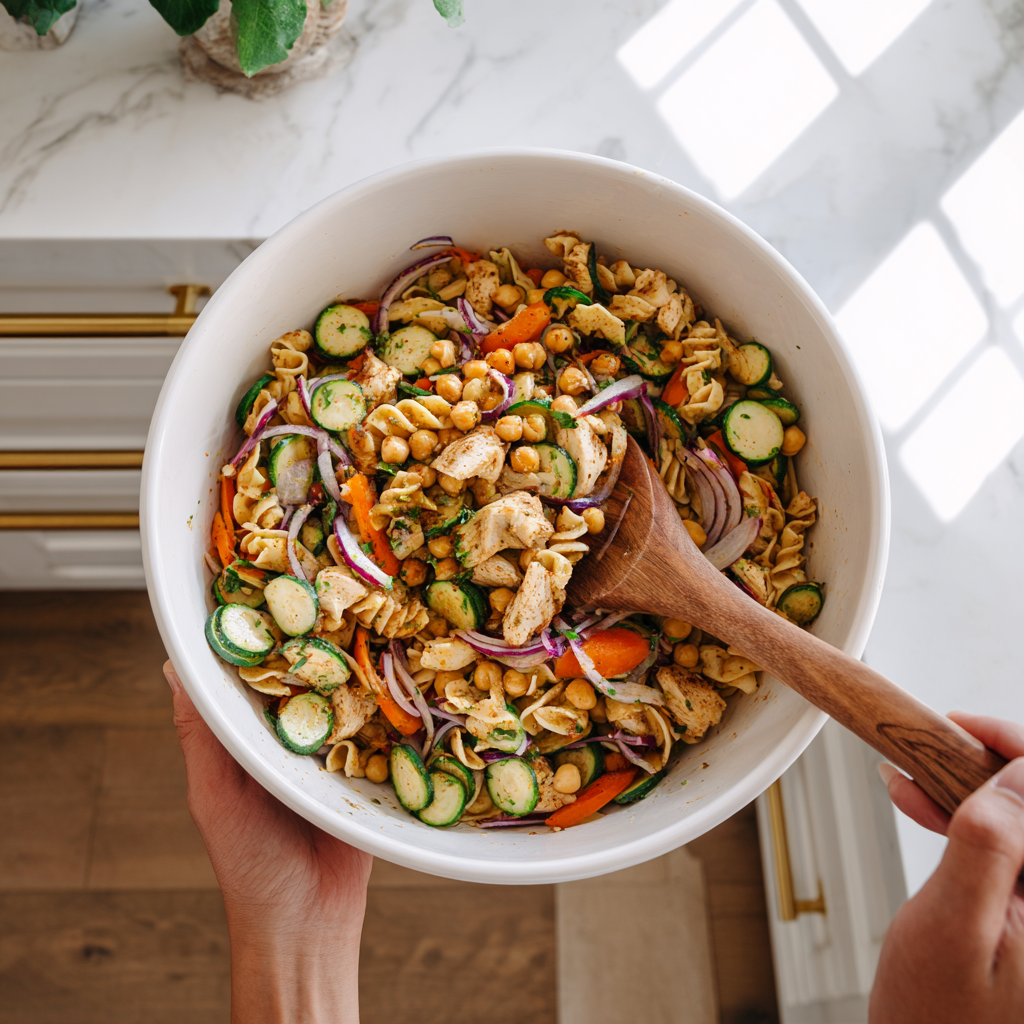 Tossing High Protein Caprese Pasta Salad with chicken