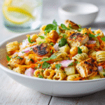 Served high protein caprese pasta salad