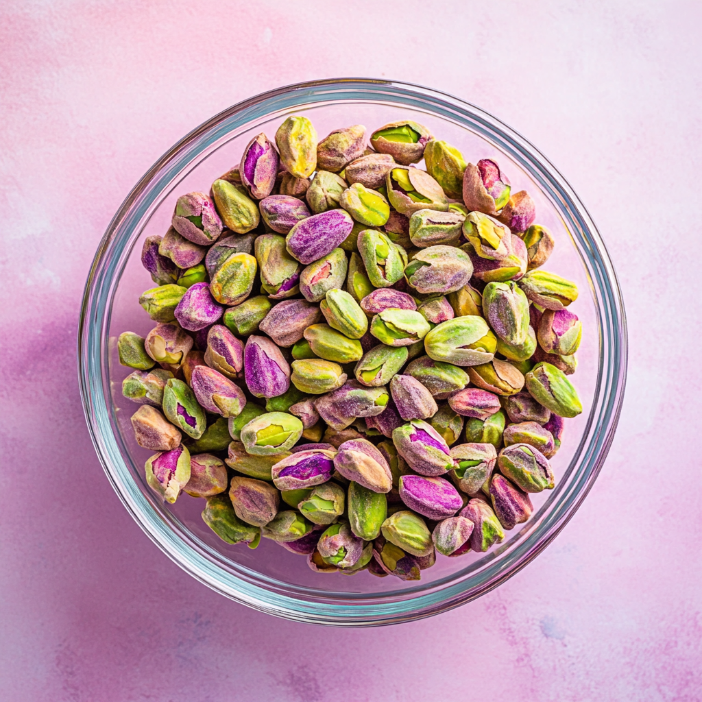 Raw shelled pistachios in a clear glass bowl