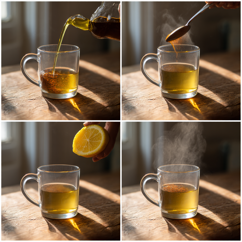 Step-by-step using same glass for olive oil cayenne pepper and lemon juice drink