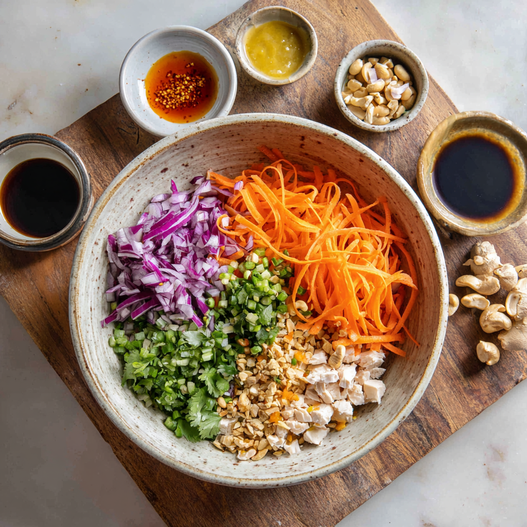 Mixed viral carrot salad ingredients in rustic bowl