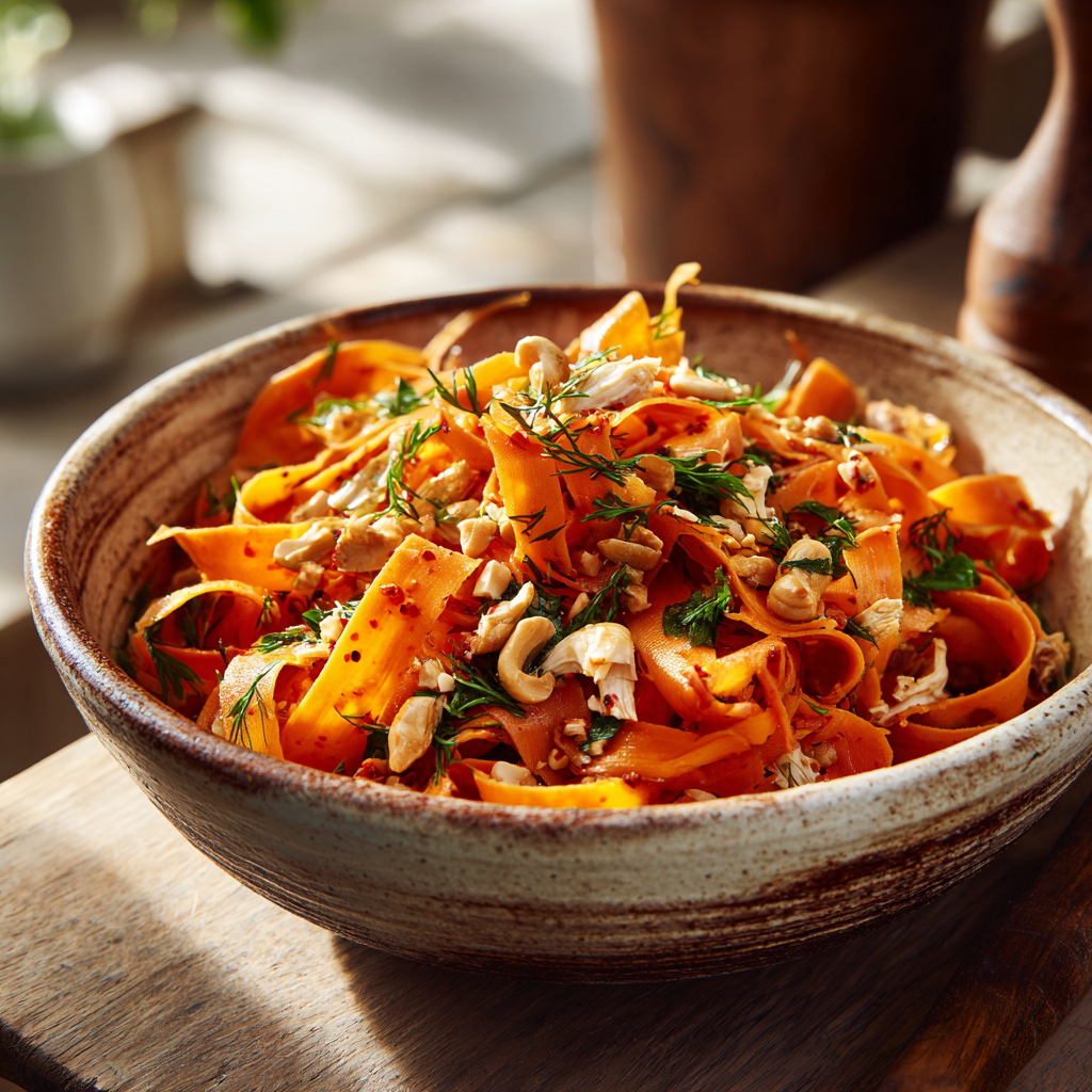 Viral carrot salad served in rustic bowl in kitchen