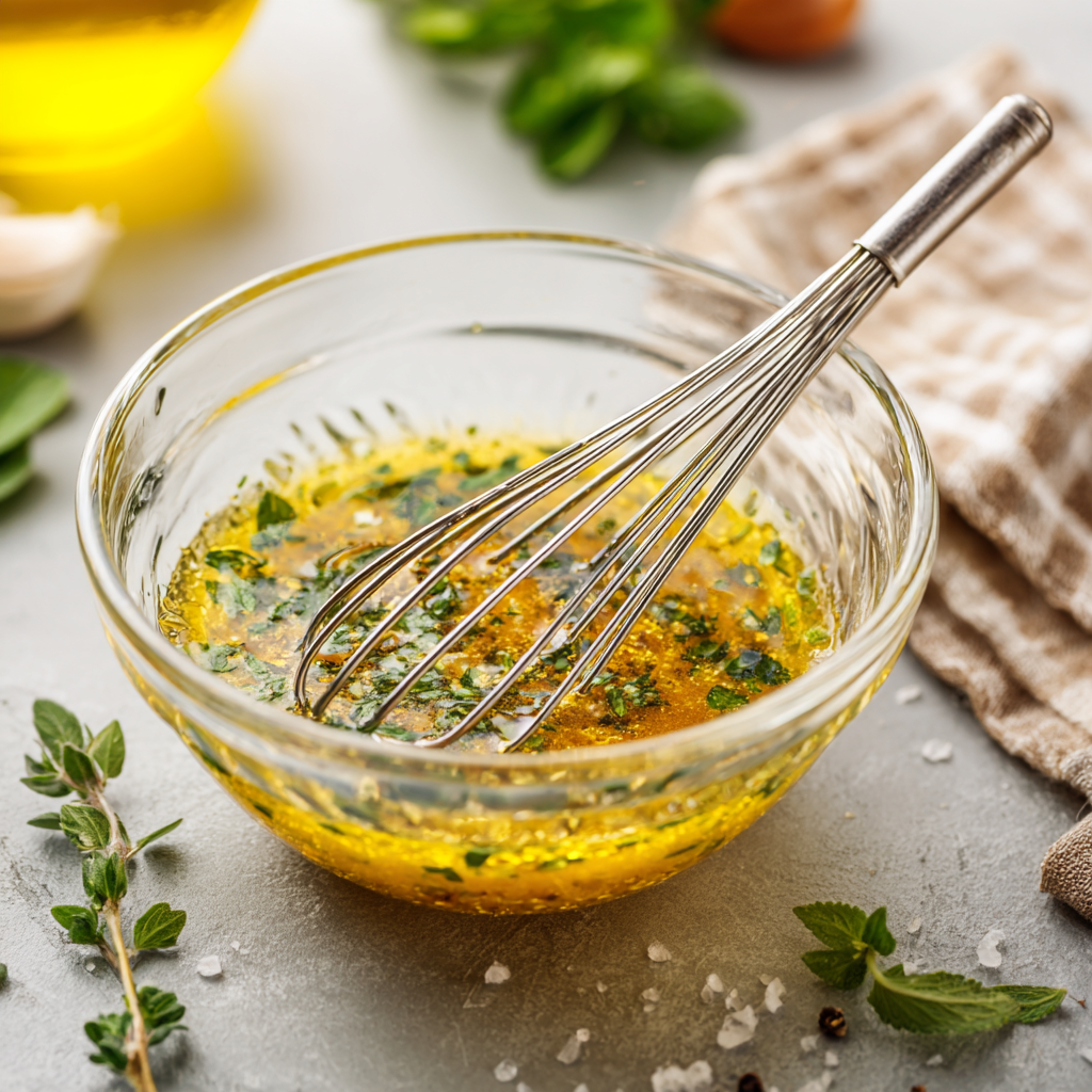 Whisking vinaigrette for caprese pasta salad