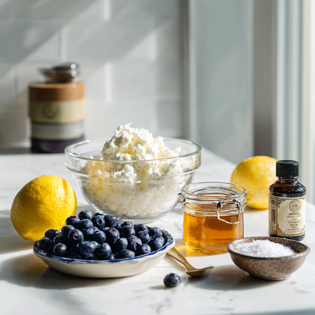 Ingredients for blueberry cottage cheese ice cream recipe
