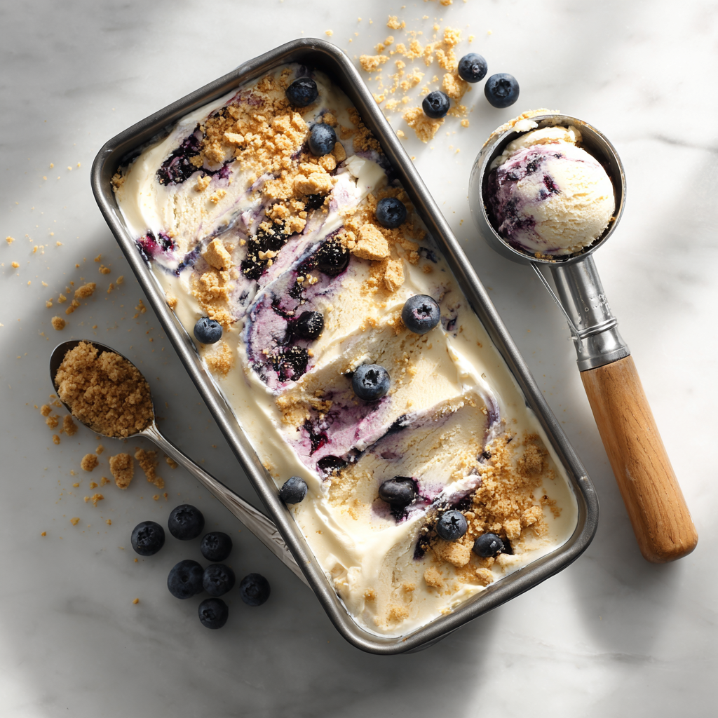 Blueberry cottage cheese ice cream swirled in loaf pan