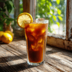 Lemon and coffee drink in tall glass