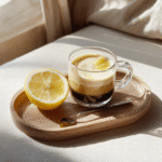 Served lemon and coffee drink with garnish