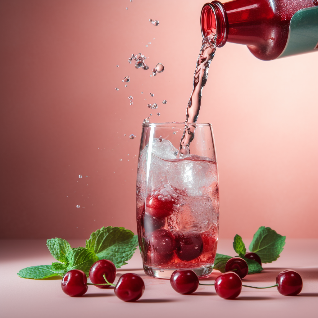 Pouring tart cherry juice into a glass of ice