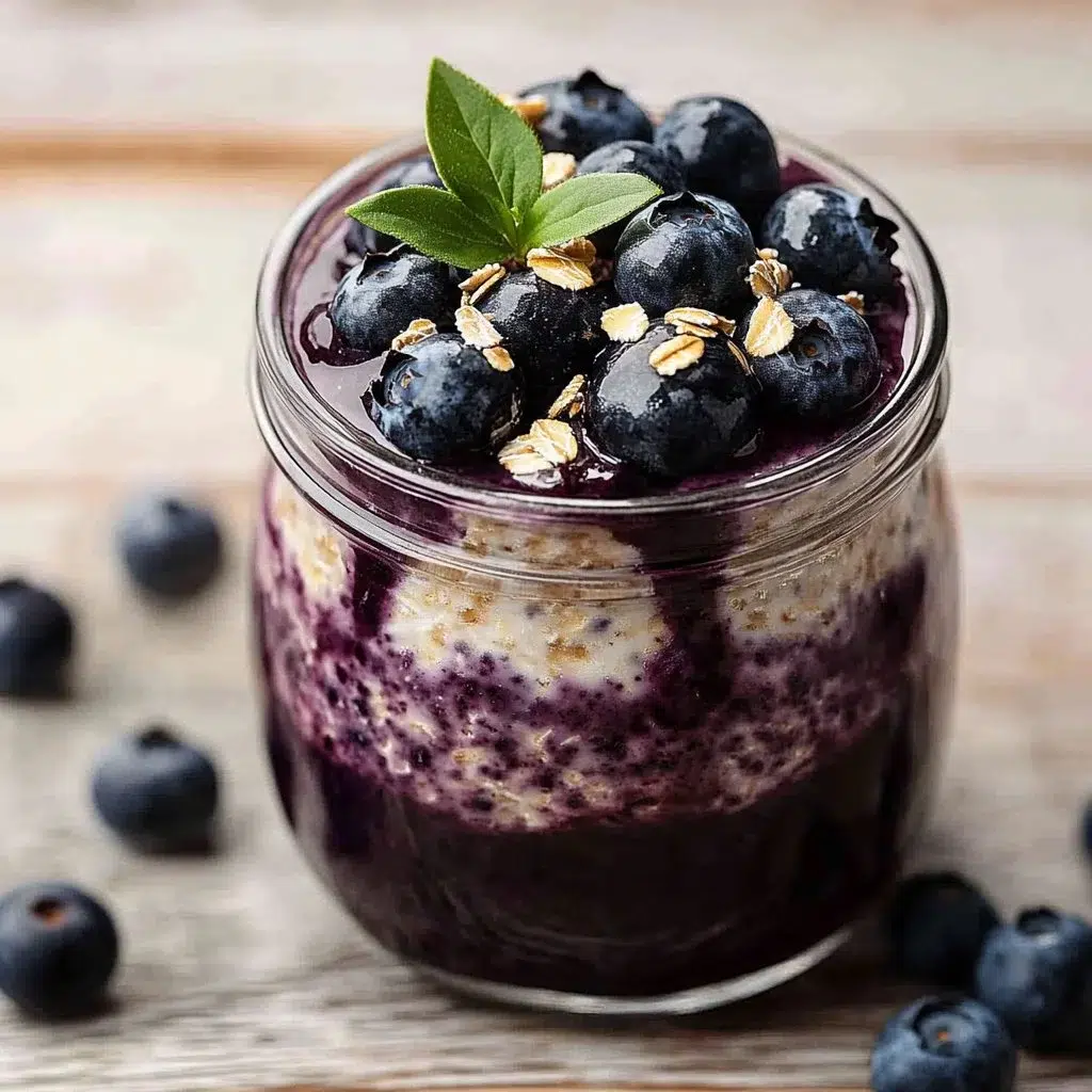 Delicious blueberry overnight oats in a jar topped with fresh blueberries.