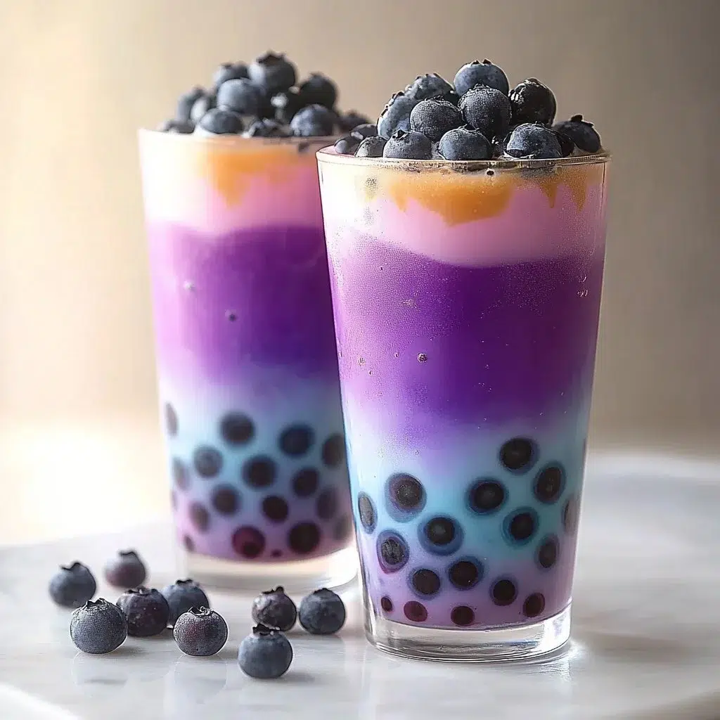 Glass of Butterfly Blue Boba Tea with tapioca pearls and butterfly pea flower infusion