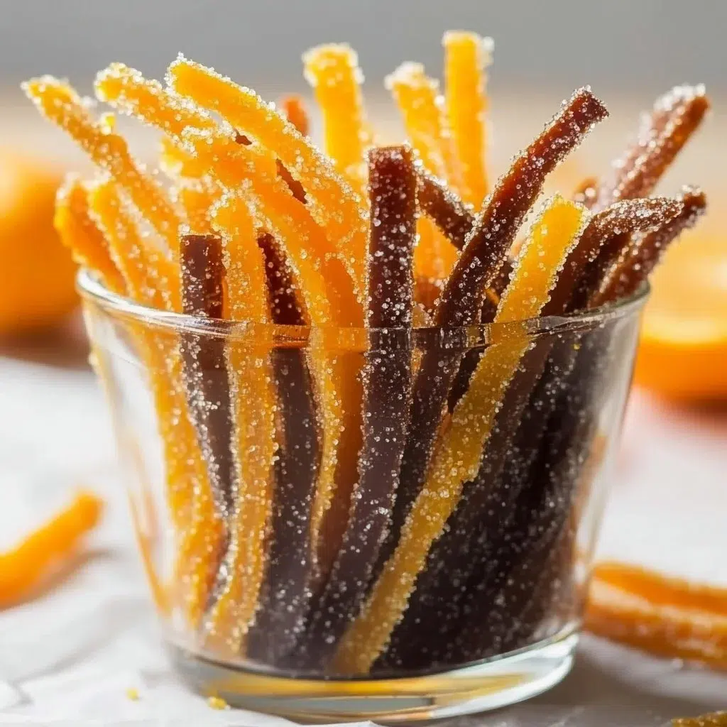 Homemade candied orange peel arranged on a wooden surface
