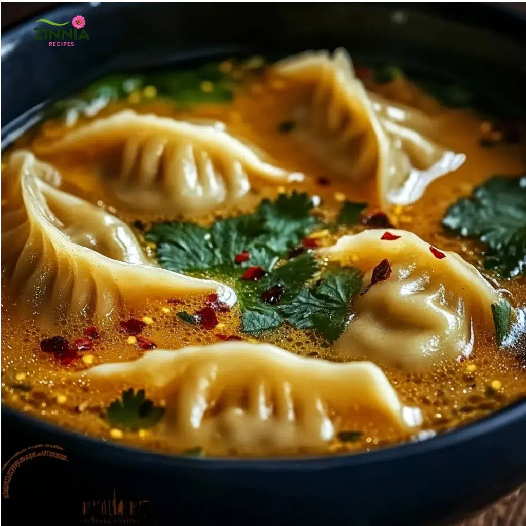 Bowl of comforting Thai Potsticker Soup with dumplings and herbs.