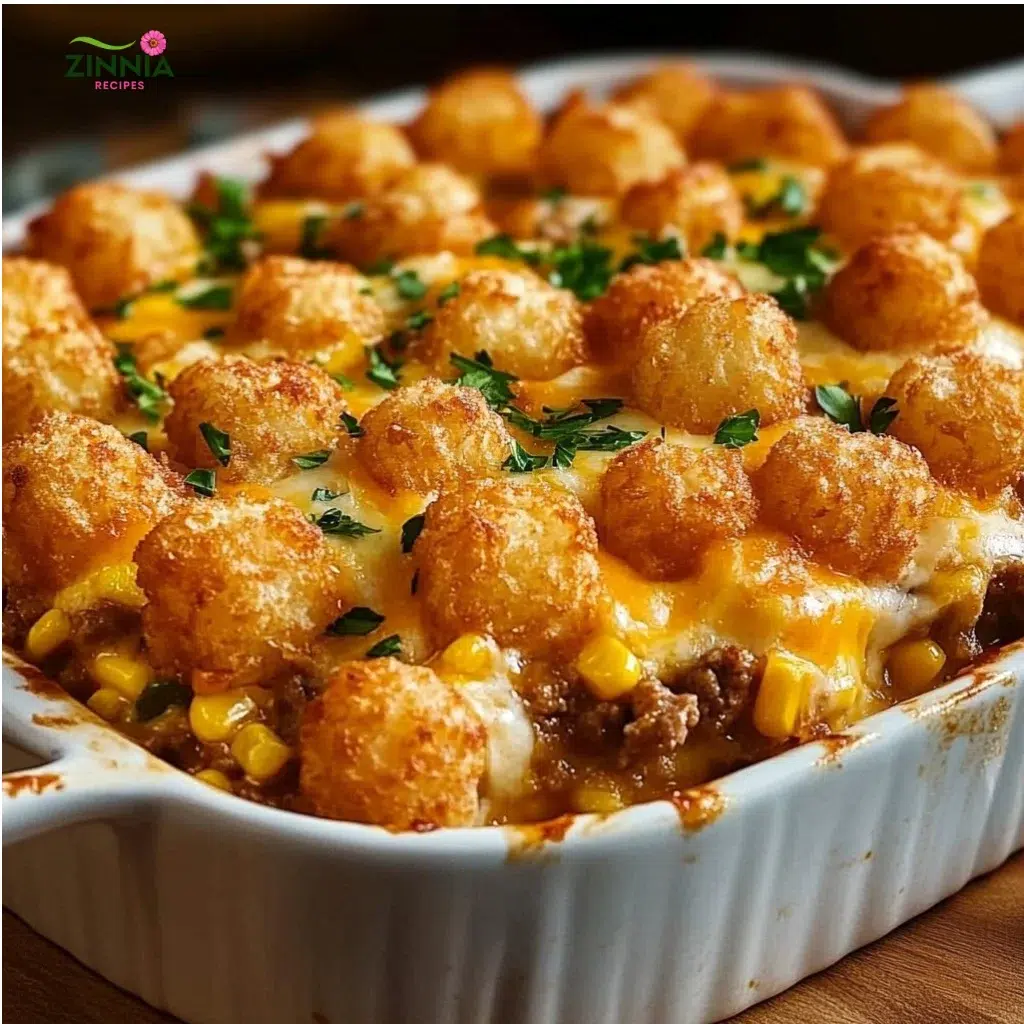 Cowboy Beef Tater Tot Casserole topped with crispy tater tots and cheese