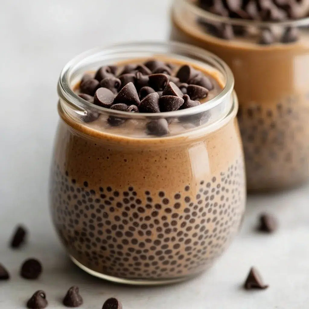 Creamy coffee chia pudding topped with coffee beans and cocoa powder, a healthy treat.