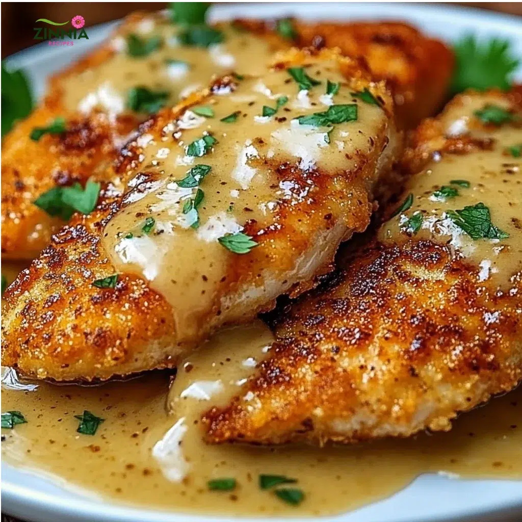 Crispy parmesan chicken served with rich garlic sauce on a plate