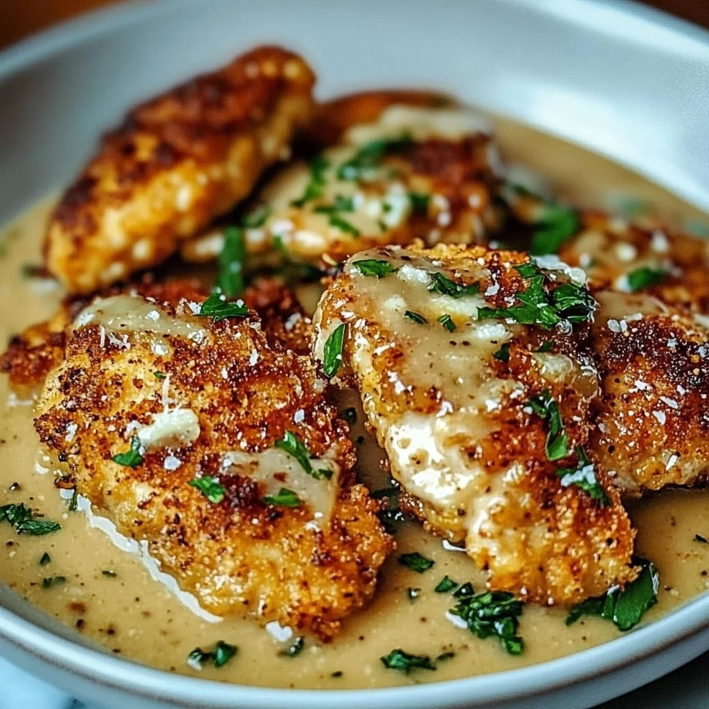 Crispy Parmesan Chicken with a Rich Garlic Sauce - Easy Dinner Idea