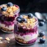 Bowl of easy berry cheesecake overnight oats topped with fresh berries