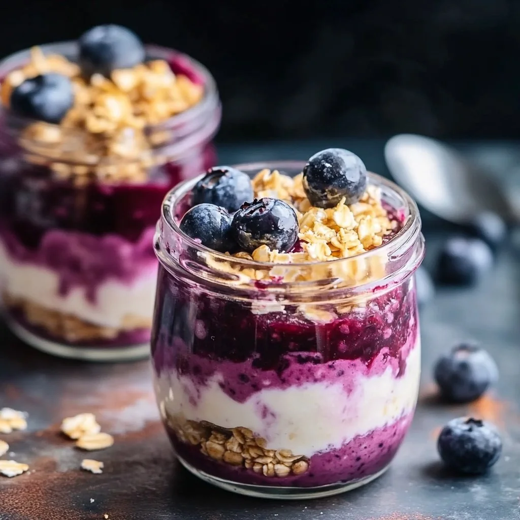Bowl of easy berry cheesecake overnight oats topped with fresh berries