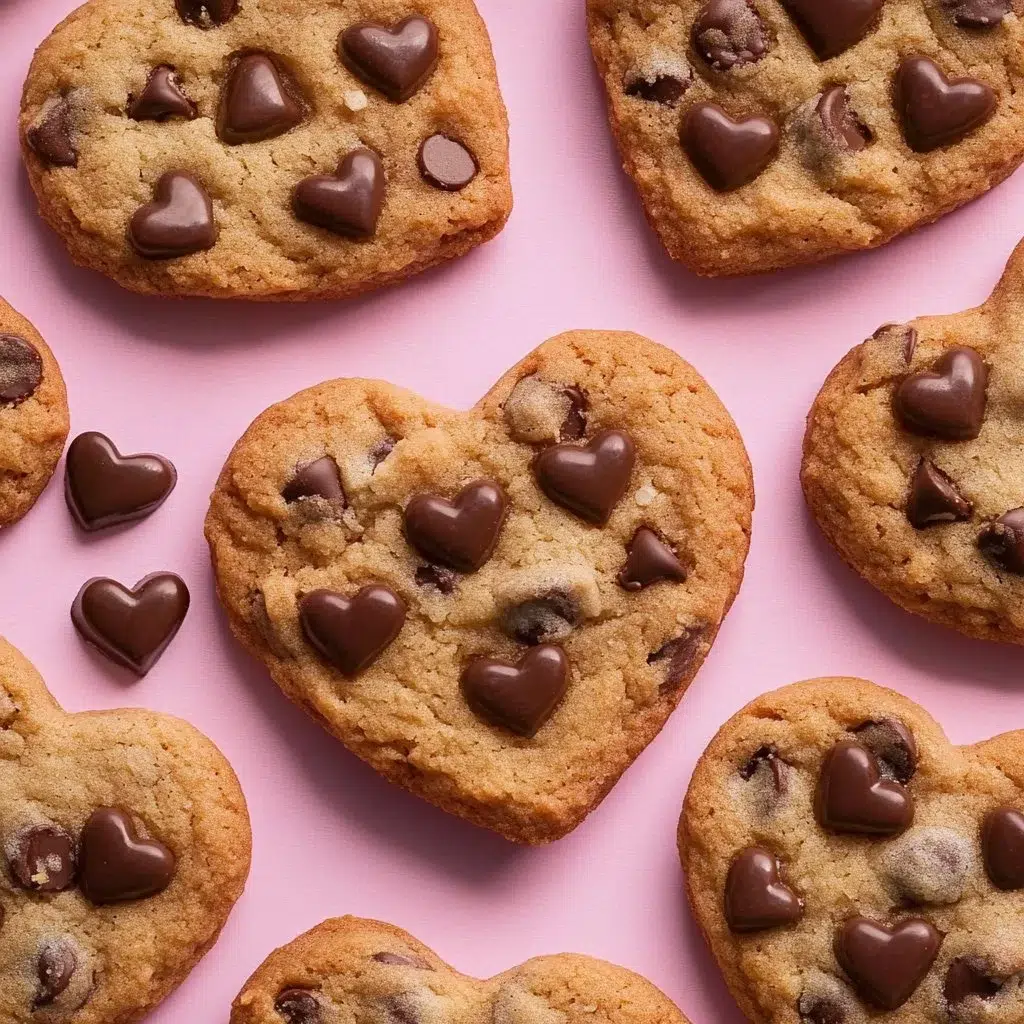 Heart-shaped chocolate chip cookies fresh out of the oven