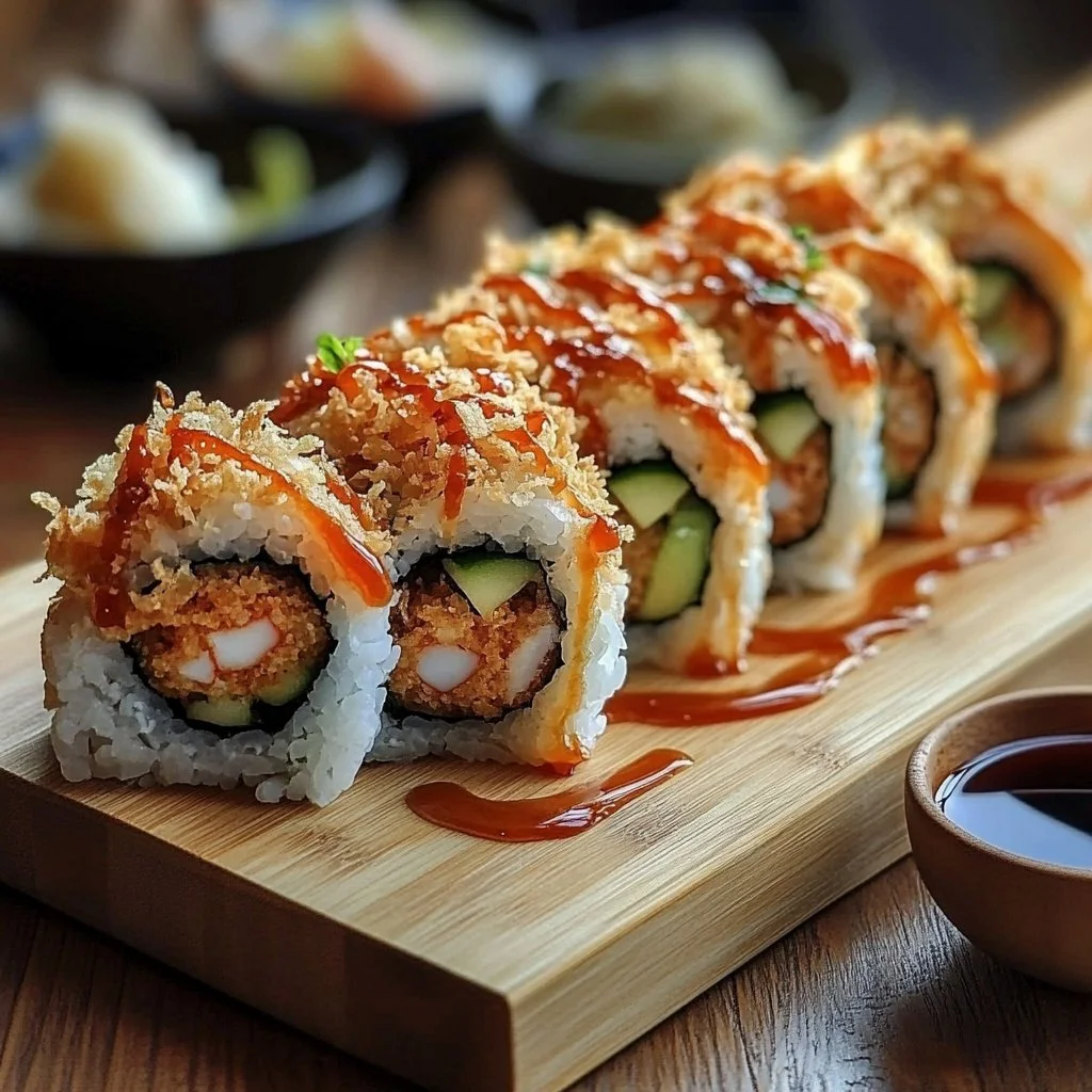 Homemade California Crunch Roll Sushi on a wooden platter.