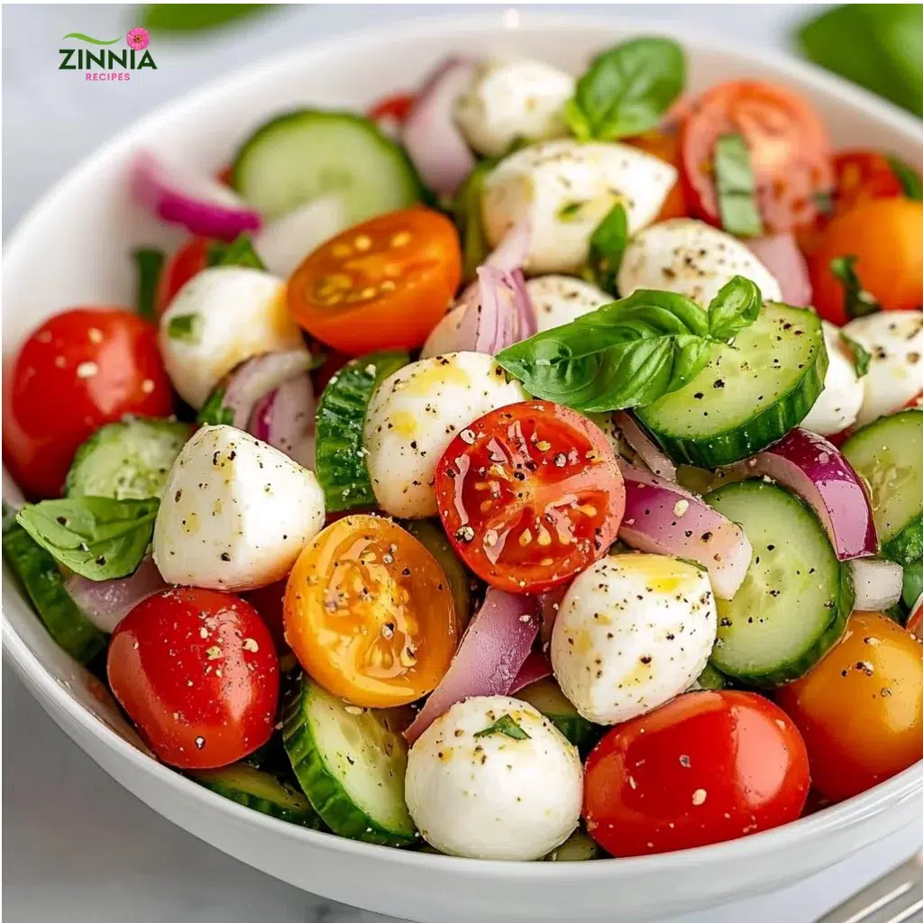Juicy cucumber Caprese salad with fresh mozzarella and basil
